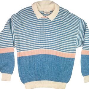 Vintage Garland Made in USA Striped Knit Pullover Sweater Pink Blue Women Size L